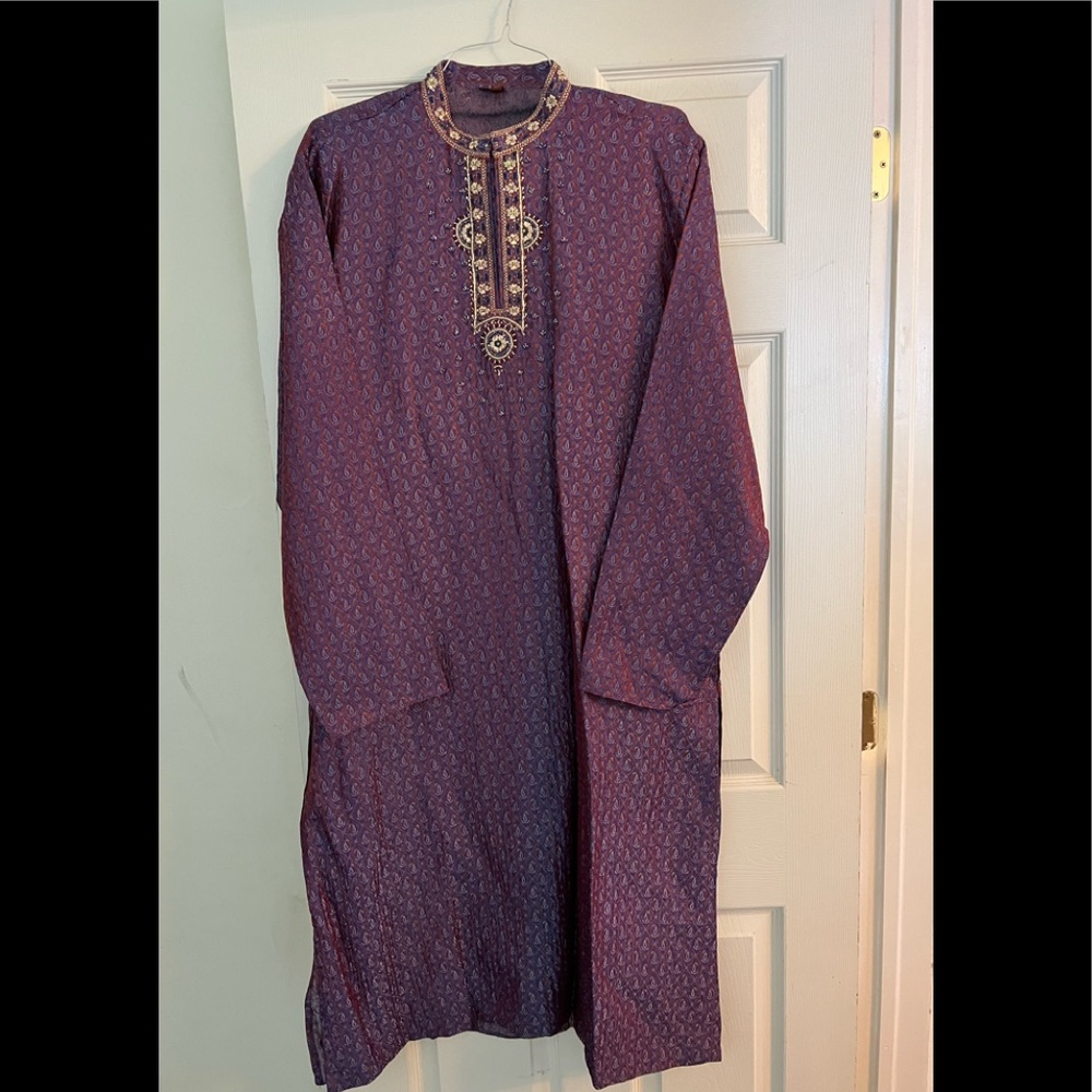 49” Purple Pink Gold Embroidered Men’s Sherwani Indian Terry Wool Free Ship